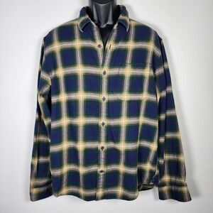 Roots Canada Flannel Shirt Men Large Blue Yellow Plaid Long Sleeve Outdoors Soft